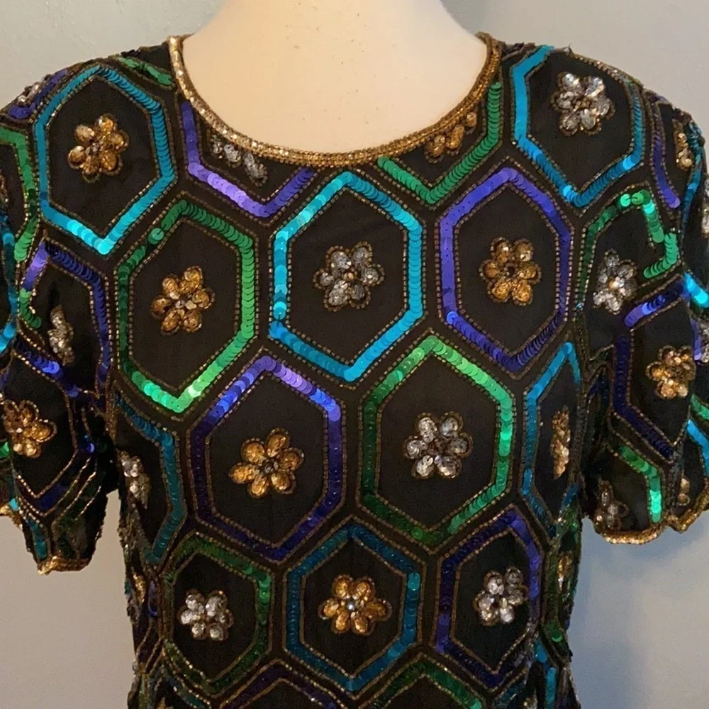 Vintage Y2K Night Vogue Top Heavily Sequined Silk Small Holiday - Picture 2 of 12
